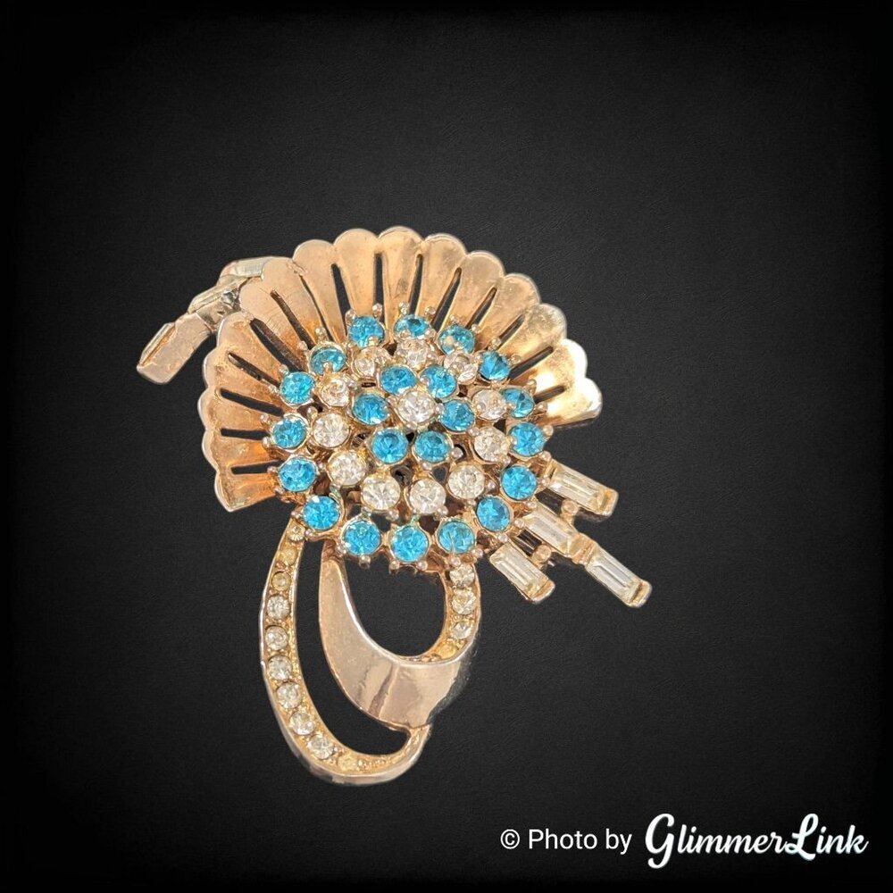 Vintage Anthony Aqua Blue & Clear Rhinestone Fan Spray Gold Tone Brooch